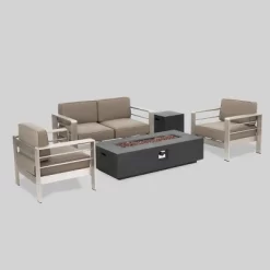 Cape Coral 5pc Aluminum And MGO Seating Set With Fire Table Khaki/Dark Gray - Christopher Knight Home