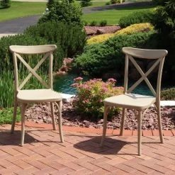 Sunnydaze Decor Sunnydaze Crossback Design Plastic All-Weather Commercial-Grade Bellemead Indoor/Outdoor Patio Dining Chair, Tan, 2pk