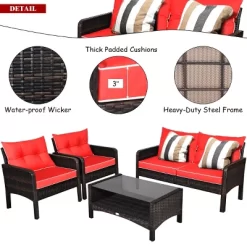 Costway 4PCS Patio Rattan Furniture Set Loveseat Sofa Coffee Table Garden W/Red Cushion -Outdoor Comfort Deals Store GUEST e83ecd24 2de6 4956 9f49 7a9de95e5381