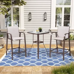 3pc Outdoor Set With Bar Height Stools & Glass Table - Brown - Crestlive Products