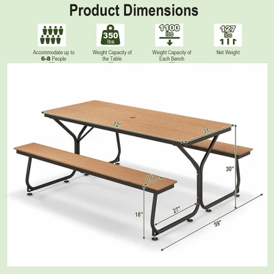 Costway 6FT Picnic Table Bench Set Outdoor HDPE Heavy-Duty Table For 6-8 Person Brown/Grey 2 Costway 6FT Picnic Table Bench Set Outdoor HDPE Heavy-Duty Table For 6-8 Person Brown/Grey - Image 2
