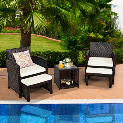 Tangkula 5 PCS Patio Rattan Wicker Furniture Set Chair Coffee Table Kit W/Soft Cushion Ottoman Gray/Turquoise/White/Red 2 Tangkula 5 PCS Patio Rattan Wicker Furniture Set Chair Coffee Table Kit W/Soft Cushion Ottoman Gray/Turquoise/White/Red - Image 2