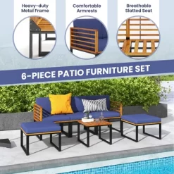 Costway 6pcs Patio Acacia Wood Conversation Sofa Seat Set Ottomans Table Outdoor Navy -Outdoor Comfort Deals Store GUEST f1fa2319 68c0 4211 aa69 1bdd7c6c69c6