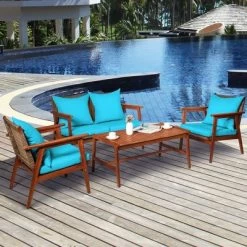 Costway 8PCS Patio Rattan Furniture Set Acacia Wood Frame Cushioned Sofa Chair Turquoise -Outdoor Comfort Deals Store GUEST f2519899 9c3f 4bc0 8950 cef27d025c9f
