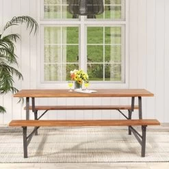 Costway Acacia Wood Patio Picnic Table Bench Set With 71'' Tabletop ＆ 2'' Umbrella Hole -Outdoor Comfort Deals Store GUEST f2a163e0 0ed5 4122 b3e9 243b7c3ad53b