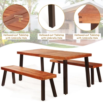Costway 3 Pieces Picnic Table Set Acacia Wood Table Bench With Steel Legs Outdoor Patio 5 Costway 3 Pieces Picnic Table Set Acacia Wood Table Bench With Steel Legs Outdoor Patio - Image 5