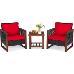 Tangkula 3PCS Patio Rattan Bistro Set Acacia Wood Frame Cushioned Sofa And Side Table -Outdoor Comfort Deals Store GUEST f721b673 848f 44f0 8b0d 21f98d350937