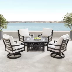 5pc Outdoor Dining Set With 48" Rectangle Fire Table & Deep Seating Swivel Rocking Chairs, Wind Blocker Lid & Covers - Oakland Living