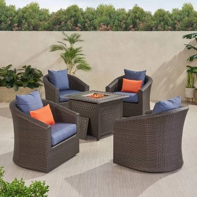 Darius 5pc Outdoor Set With 4 Wicker Swivel Chairs & Fire Pit Set - Brown/Navy/Hammered Bronze - Christopher Knight Home 1 Darius 5pc Outdoor Set With 4 Wicker Swivel Chairs & Fire Pit Set - Brown/Navy/Hammered Bronze - Christopher Knight Home
