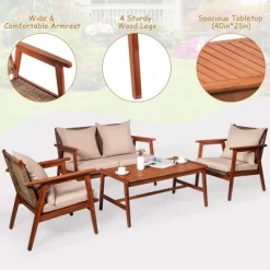 Costway 4PCS Patio Rattan Furniture Set Acacia Wood Frame Cushioned Sofa Chair Garden -Outdoor Comfort Deals Store GUEST f8cca56e fda1 42da 948a 04c666bd80ce