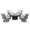 5pc Outdoor Fire Table Set With Geometric 44" Round Fire Table, 4 Deep Seating Swivel Rocking Chairs & Table Fabric Covers - Oakland Living