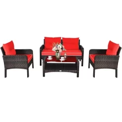 Costway 4PCS Patio Rattan Furniture Set Loveseat Sofa Coffee Table Garden W/Red Cushion -Outdoor Comfort Deals Store GUEST fdc47b33 235d 4cb9 b9cd a8675d9cf0e1
