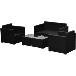Outsunny 4-Piece Rattan Wicker Furniture Set, Outdoor Cushioned Conversation Furniture With 2 Chairs, Loveseat, And Glass Coffee Table -Outdoor Comfort Deals Store GUEST fe2eccca e660 41ef 9c1f 60e5faa0ff47
