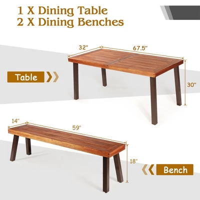Costway 3 Pieces Picnic Table Set Acacia Wood Table Bench With Steel Legs Outdoor Patio 2 Costway 3 Pieces Picnic Table Set Acacia Wood Table Bench With Steel Legs Outdoor Patio - Image 2