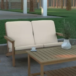 Emma And Oliver All-Weather Polyresin Adirondack Loveseat With Deep Seat And Comfortable Back & Seat Cushions